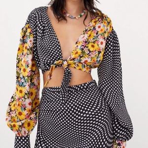 NWT For Love & Lemons Anya crop top front tie long sleeve floral XS